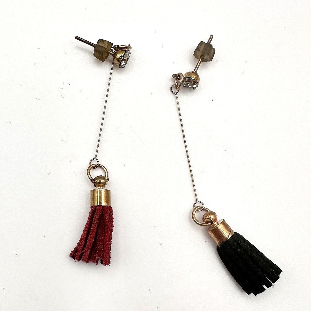 Vintage Y2K Gold Tone Clear Rhinestone Suede Tassel Dangle Earrings Boho Jewelry